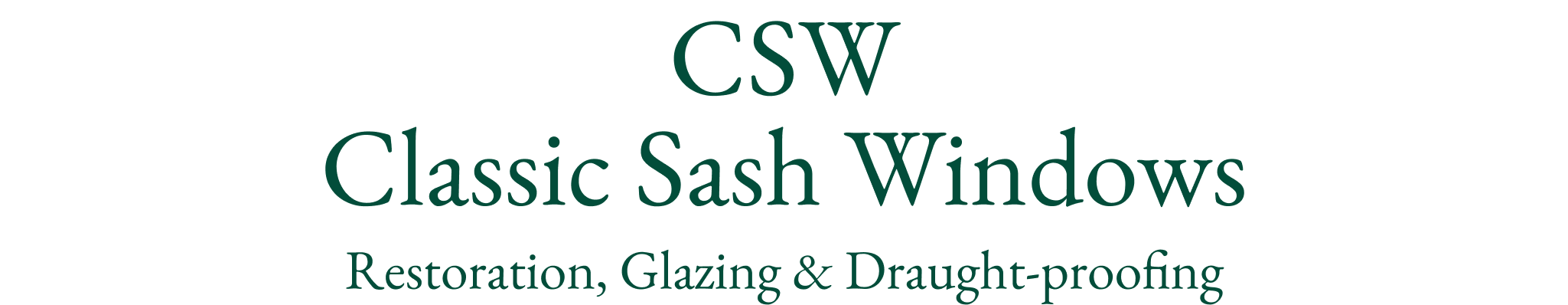 CSW Classic Sash Windows logo with the tagline "Restoration, Glazing & Draught-proofing" in green text on a light background, highlighting their expertise in sash windows Cambridge.